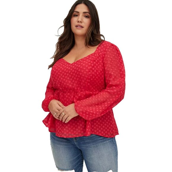 Torrid Blouse Plus Size 2X Magenta Pink Peplum Chiffon Clip Heart Print Lined - Picture 1 of 12